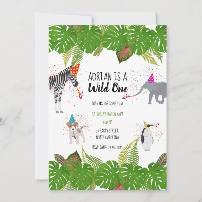 Funny & Cute Jungle Animals at Party Wild One Invitation (Back)