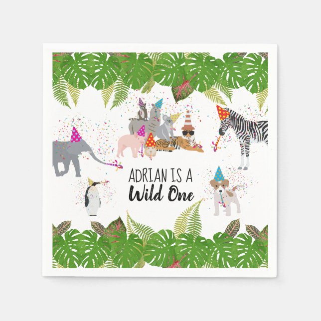 Funny & Cute Jungle Animals at Party Wild One Napkins (Front)