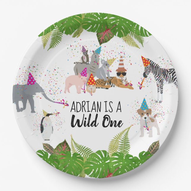 Funny & Cute Jungle Animals at Party Wild One Paper Plates (Front)