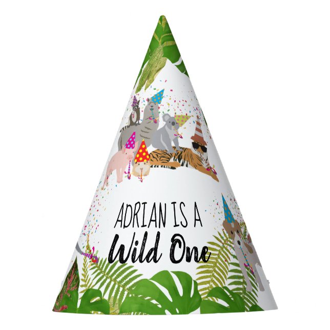Funny & Cute Jungle Animals at Party Wild One Party Hat (Front)
