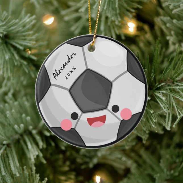 Funny Cute Kawaii Soccer Ball Kids Personalized Ceramic Ornament (Tree)