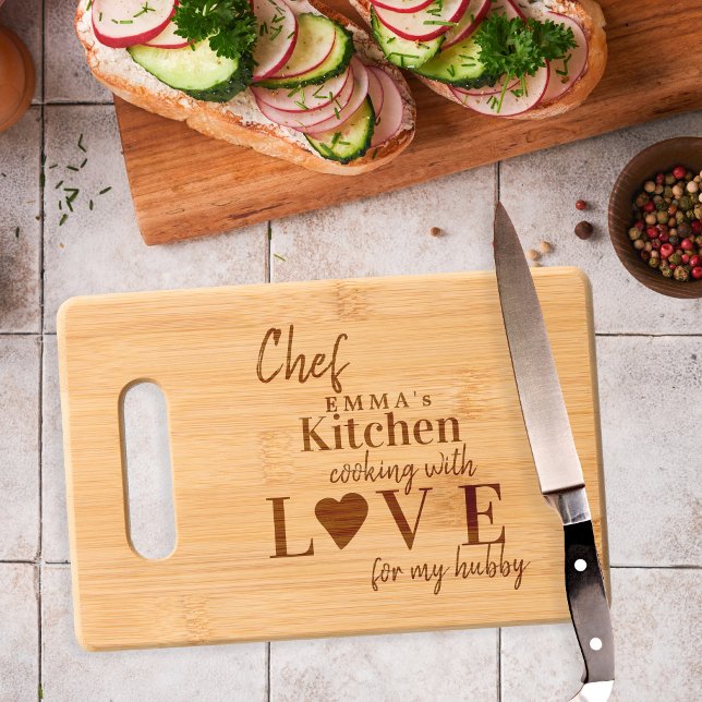 Funny cute kitchen chef name cooking with love engraved cutting board (Creator Uploaded)