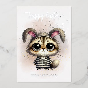 Funny Cute Kitty in Pajamas Happy Easter Foil Holiday Card