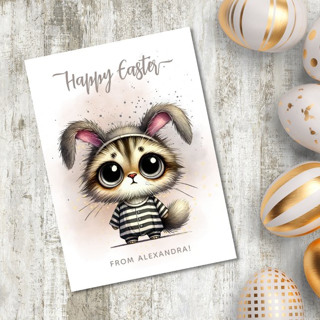 Funny Cute Kitty in Pajamas Happy Easter Holiday Card (Creator Uploaded)