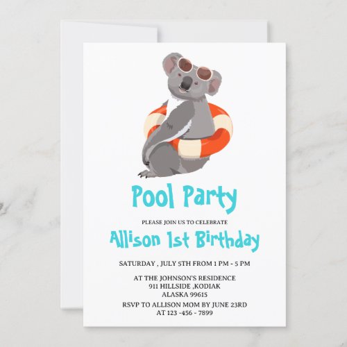 Funny  Cute Koala Swimming Birthday Party  Invitation