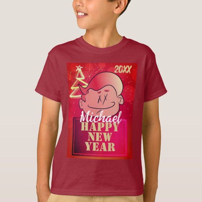 Funny Cute Little Cartoon Boy Happy New Year T-Shirt (Front)