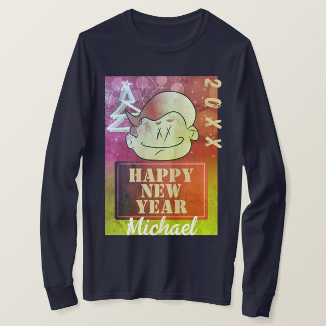 Funny Cute Little Cartoon Boy Happy New Year T-Shirt (Design Front)