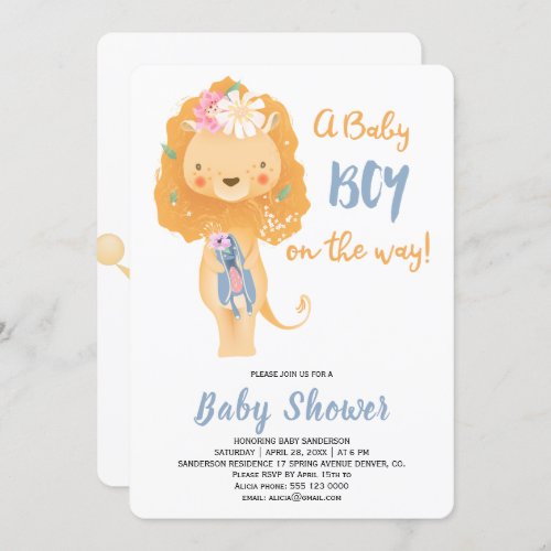 Funny cute little lion floral baby shower party invitation