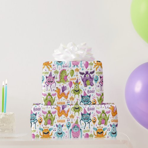 Funny Cute Little Monster Birthday Party  Wrapping Paper