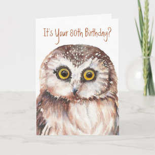 Funny-Cute Little Owl, 80th Birthday Card