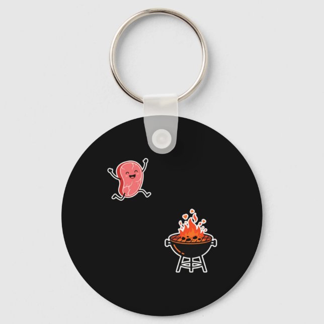 Funny Cute Meat Jumping Into Bbq Grill Humor Keychain (Front)
