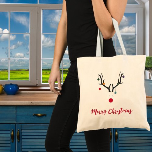 Funny cute minimalist Christmas reindeer on white Tote Bag