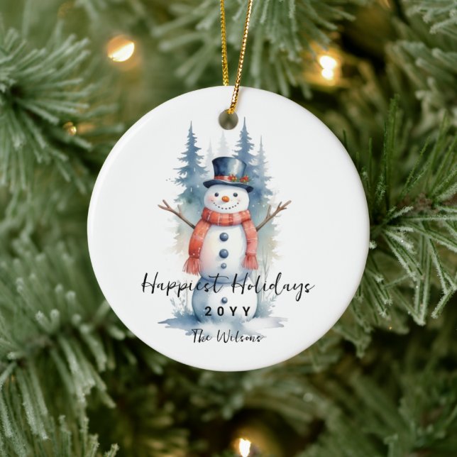 Funny Cute MInimalist Snowman Frosted Forest  Ceramic Ornament (Tree)