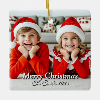 Funny, Cute, Modern Family Photo Christmas Ceramic Ornament