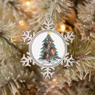 Funny, Cute, Modern Family Photo Christmas Snowflake Pewter Christmas Ornament