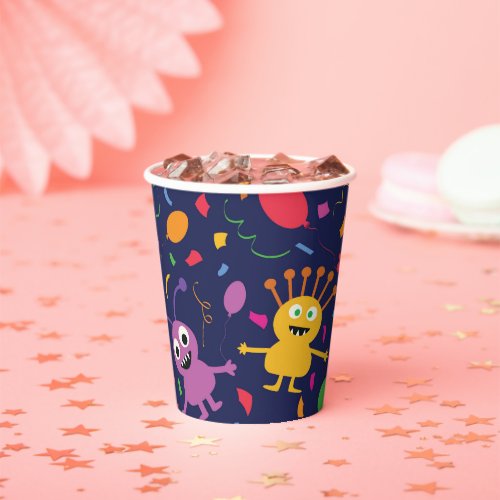 Funny Cute Monsters Pattern with Balloons  Paper Cups