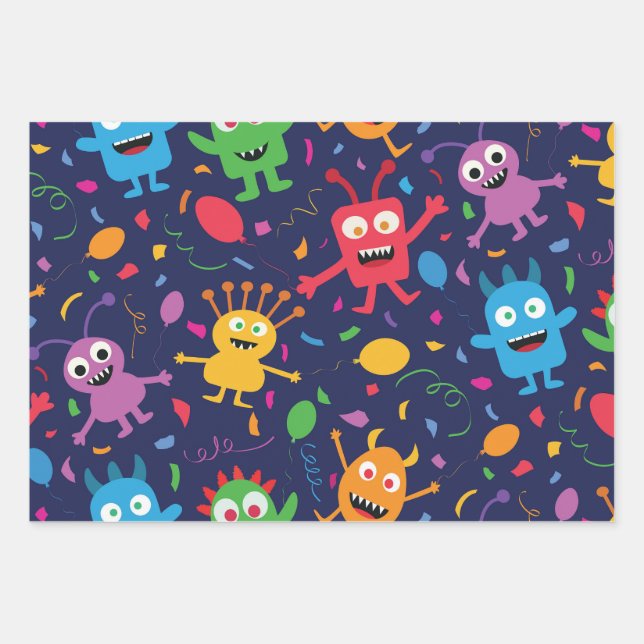 Funny Cute Monsters Pattern with Balloons  Wrapping Paper Sheets (Front)