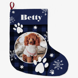 Funny cute navy blue plaid dog pet photo Christmas Large Christmas Stocking