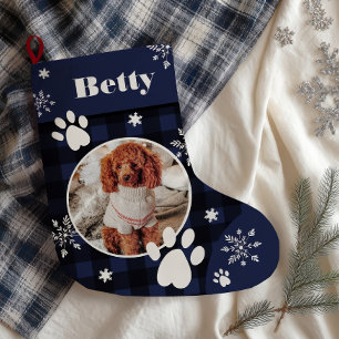 Funny cute navy blue plaid dog pet photo Christmas Large Christmas Stocking
