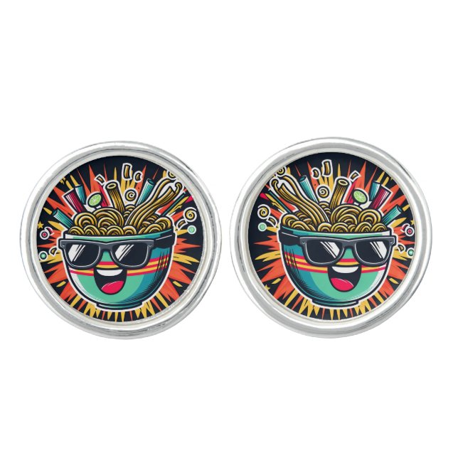 Funny Cute Noodle Cartoon Ramen Bowl Cufflinks (Front)