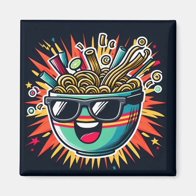 Funny Cute Noodle Cartoon Ramen Bowl Magnet (Front)