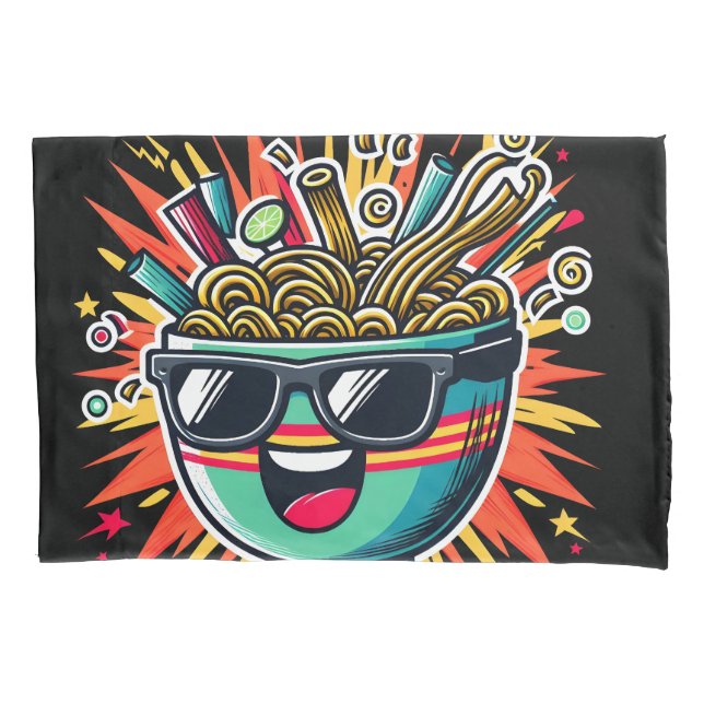 Funny Cute Noodle Cartoon Ramen Bowl Pillow Case (Front)