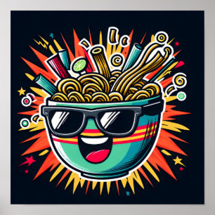 Funny Cute Noodle Cartoon Ramen Bowl Poster