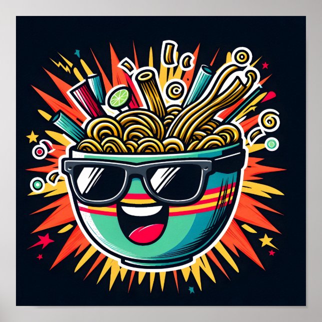Funny Cute Noodle Cartoon Ramen Bowl Poster (Front)