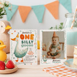 Funny Cute One Silly Goose First Birthday Photo Invitation<br><div class="desc">One silly goose! A whimsical and laugh-out-loud invite featuring a party hat–wearing goose ready to celebrate your little one's first birthday. Bold and quirky fonts mix with hand-drawn details and retro-inspired colors to keep things playful. Add your child’s photo and event details for a standout invite. Ideal for park parties...</div>