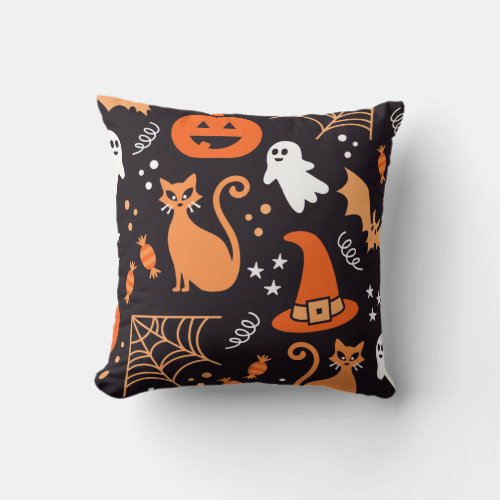 Funny Cute Orange Black Halloween Symbols Pattern  Throw Pillow