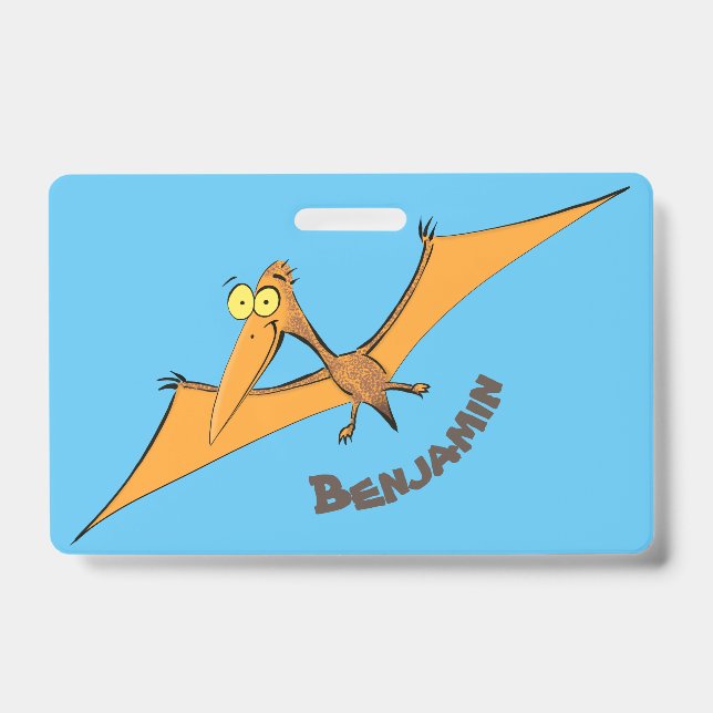 Funny cute orange flying pterodactyl cartoon badge (Front)