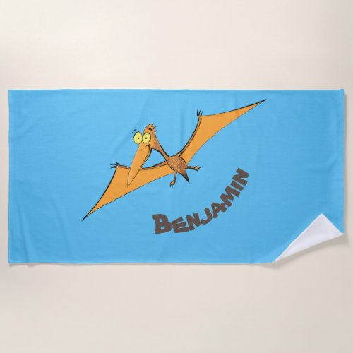 Funny cute orange flying pterodactyl cartoon beach towel