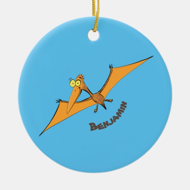 Funny cute orange flying pterodactyl cartoon ceramic ornament (Front)