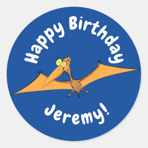 Funny cute orange flying pterodactyl cartoon classic round sticker