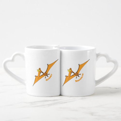 Funny cute orange flying pterodactyl cartoon  coffee mug set