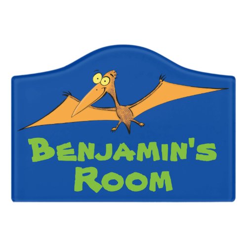 Funny cute orange flying pterodactyl cartoon door sign