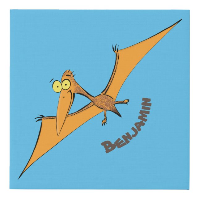 Funny cute orange flying pterodactyl cartoon faux canvas print (Front)