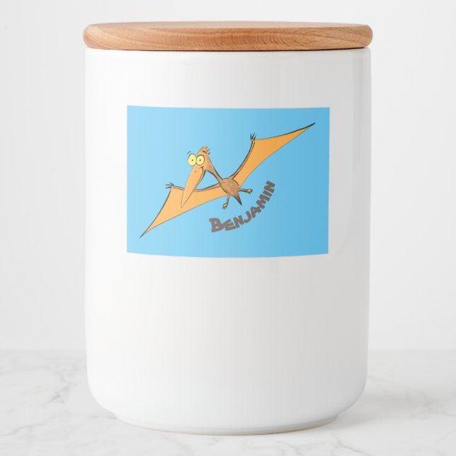 Funny cute orange flying pterodactyl cartoon food label (Front)