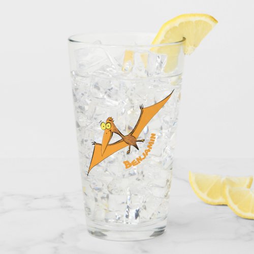 Funny cute orange flying pterodactyl cartoon glass