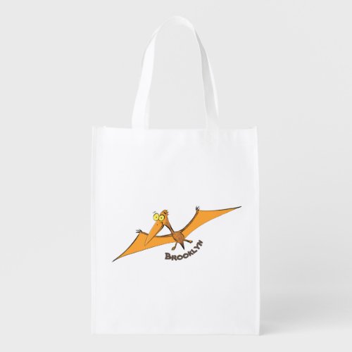Funny cute orange flying pterodactyl cartoon grocery bag
