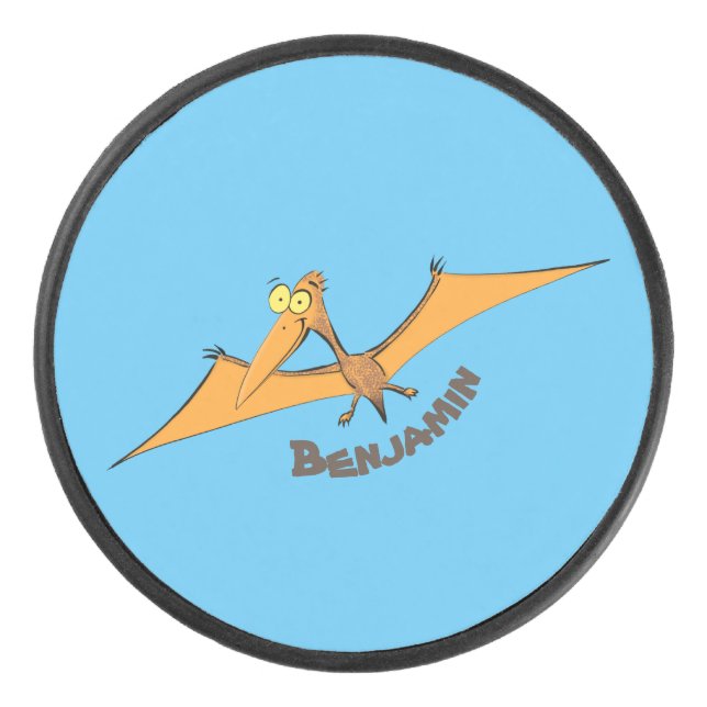 Funny cute orange flying pterodactyl cartoon hockey puck (Front)