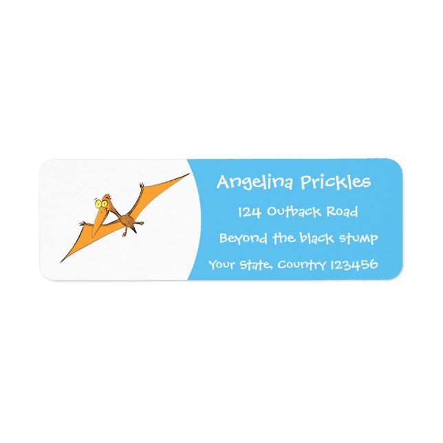 Funny cute orange flying pterodactyl cartoon label (Front)