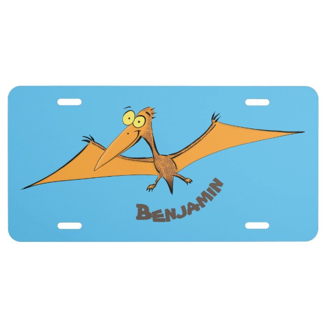 Funny cute orange flying pterodactyl cartoon  license plate (Front)
