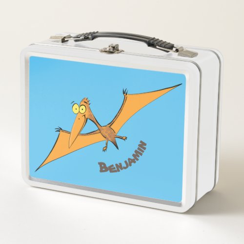 Funny cute orange flying pterodactyl cartoon metal lunch box