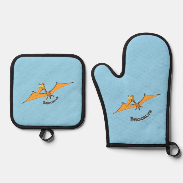 Funny cute orange flying pterodactyl cartoon oven mitt & pot holder set (Front)