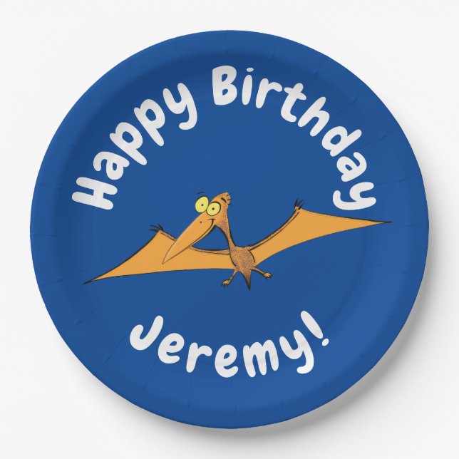 Funny cute orange flying pterodactyl cartoon paper plates (Front)