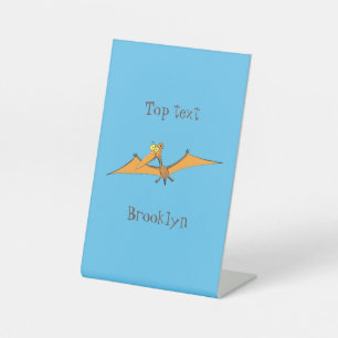 Funny cute orange flying pterodactyl cartoon pedestal sign