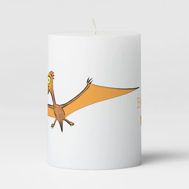 Funny cute orange flying pterodactyl cartoon pillar candle (Front)
