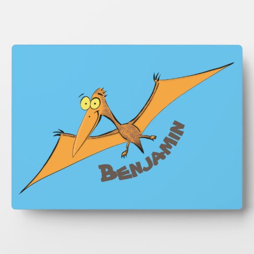 Funny cute orange flying pterodactyl cartoon plaque