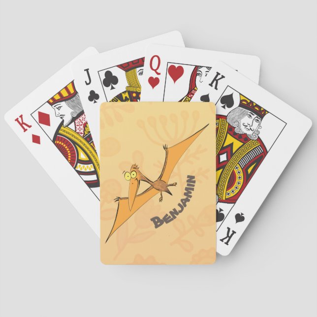 Funny cute orange flying pterodactyl cartoon poker cards (Back)